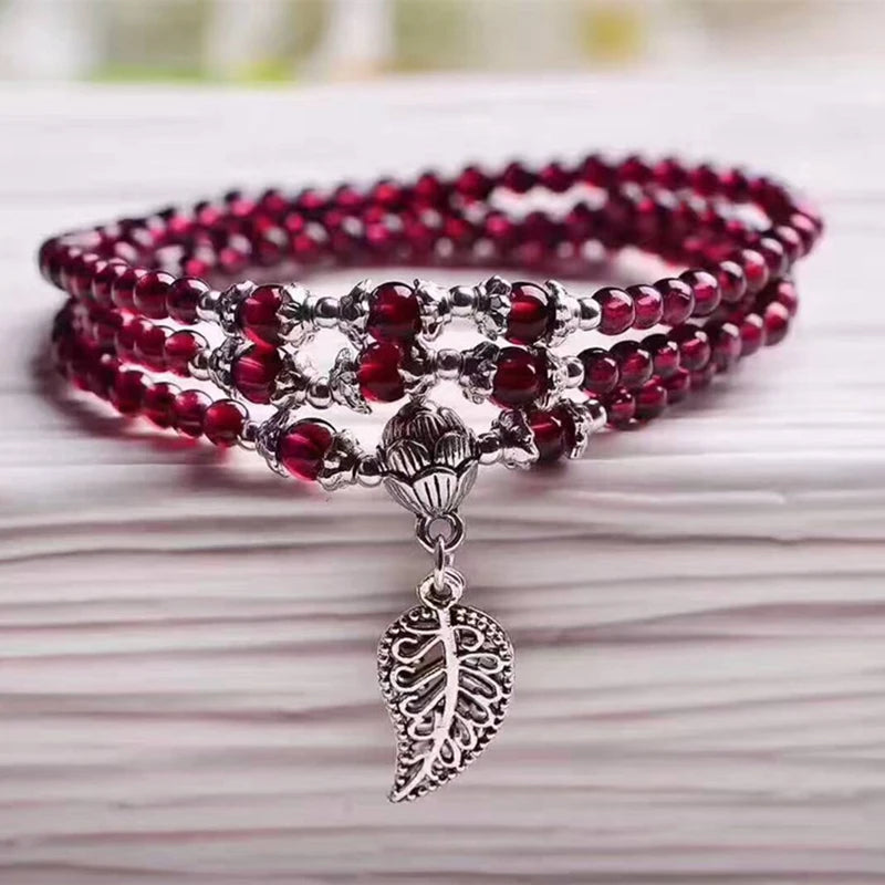 Red Garnet Stone Bracelet with Leaf Pendant