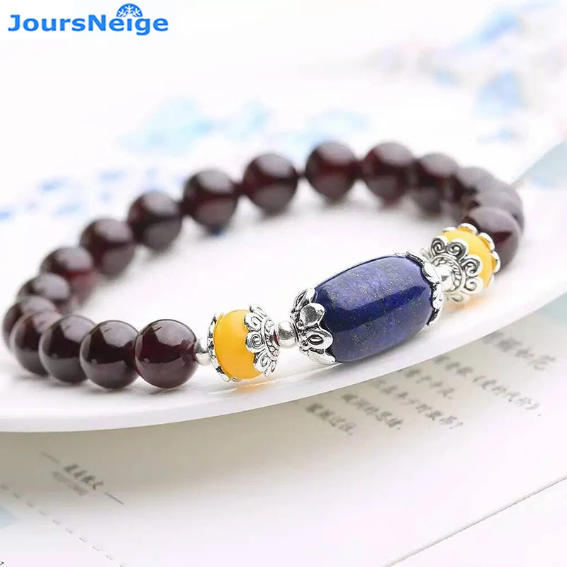 Wine Red Garnet Bracelet 8mm Bead Lapis Lazuli Lucky Crystal Jewelry