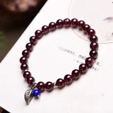 Red Garnet Stone Bracelet with Crystal Leaf Charm Pendant