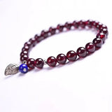 Red Garnet Stone Bracelet with Crystal Leaf Charm Pendant