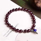 Red Garnet Stone Bracelet with Crystal Leaf Charm Pendant