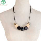 Geometric Wood Necklace Chunky Beads Statement Leather Cord