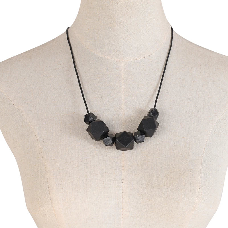 Geometric Wood Necklace Chunky Beads Statement Leather Cord