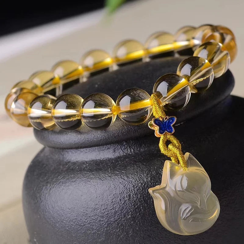 8mm Yellow Natural Crystal Bracelet with Nine Tails Fox Pendant