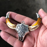 Antique Inlaid Tibetan Silver Titanium Steel Pendant Necklace