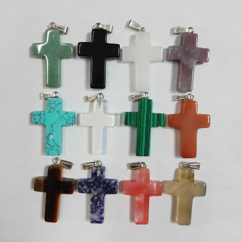 Cross Stone Pendants Mixed Charms Necklace for Jewelry Making 12pcs