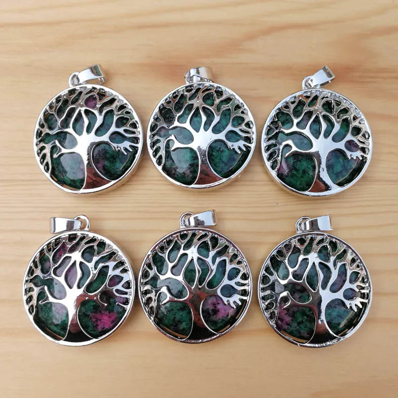 Epidote Stone Alloy Tree of Life Pendants for Jewelry Accessories - 12pcs/lot