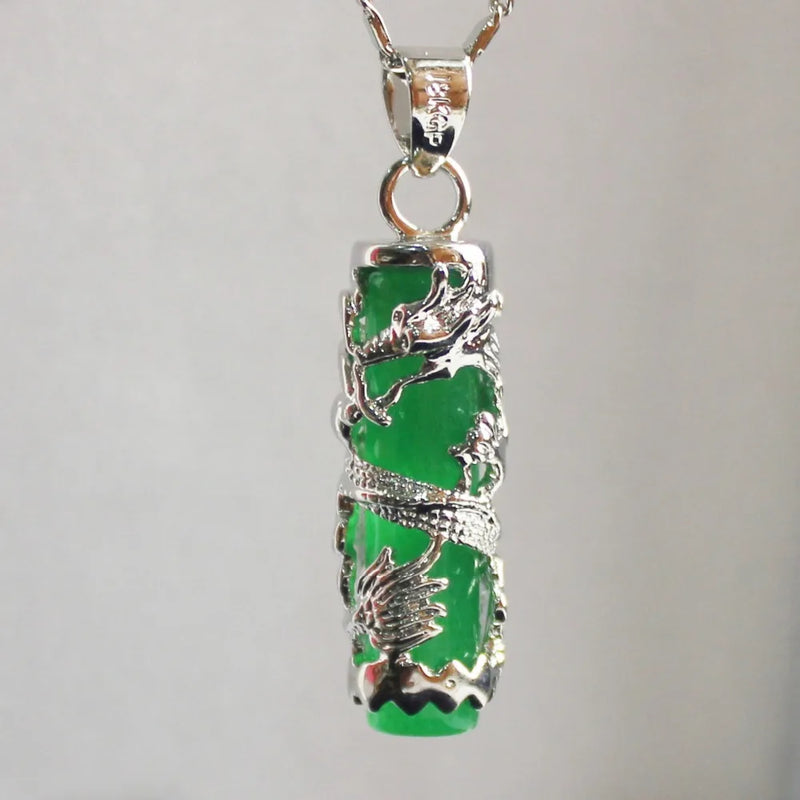 Chinese Wind Green JADE Dragon Relief Pendant Necklace