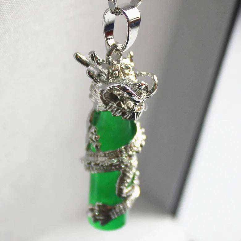 Chinese Wind Cylinder Green Jade Dragon Pendant Necklace