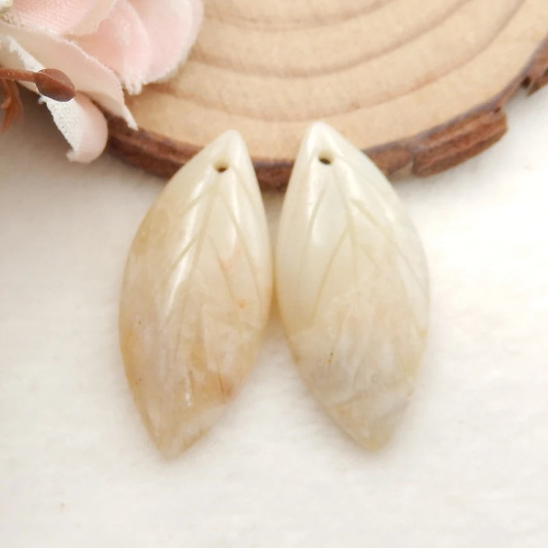 Carved Leaves Amazonite Earrings Beads 30x14x4mm