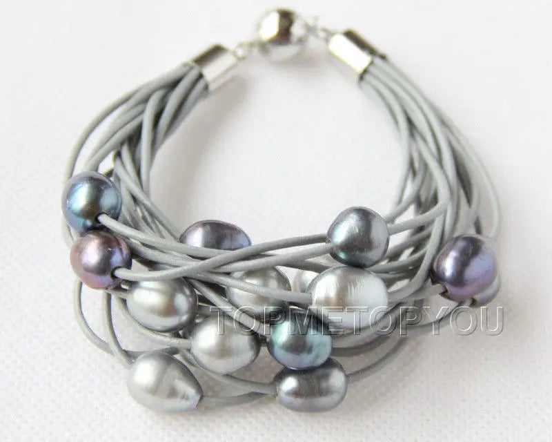 Gray Pearls Leather Bracelet with Magnet Clasp