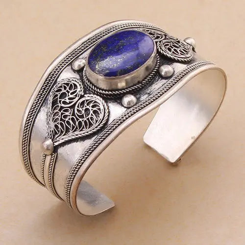 Vintage Lapis Lazuli Bead Cuff Bracelet Bangle Tibet Silver Heart