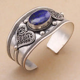 Vintage Lapis Lazuli Bead Cuff Bracelet Bangle Tibet Silver Heart
