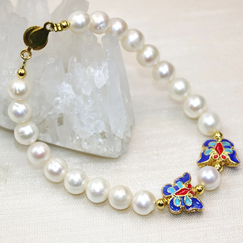 8-9mm Natural Pearl Beads Bracelet Butterfly Cloisonne Jewelry