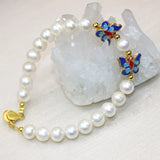 8-9mm Natural Pearl Beads Bracelet Butterfly Cloisonne Jewelry