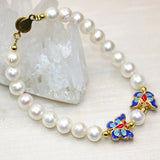 8-9mm Natural Pearl Beads Bracelet Butterfly Cloisonne Jewelry