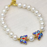 8-9mm Natural Pearl Beads Bracelet Butterfly Cloisonne Jewelry