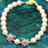 8-9mm Natural Pearl Beads Bracelet Butterfly Cloisonne Jewelry