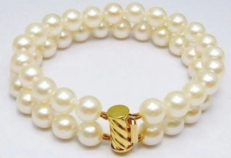Natural 2Row 9-10mm Akoya Pearl Bracelet 14K Solid
