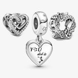 925 Silver Rose Flowers Heart & Stars Dangle Charm Bracelet Bangle DIY Jewelry