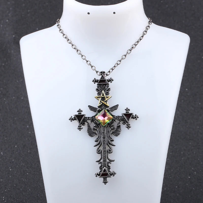 Vintage Gothic Cross Statement Necklace Triangle Pentagram Geometric Necklace