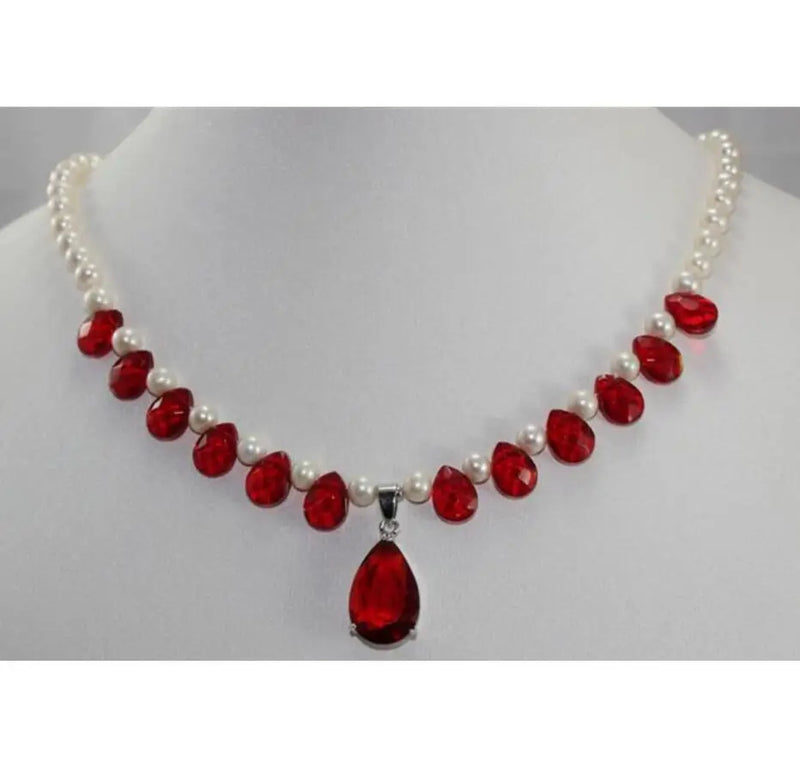 Pearl and Red Crystal Pendant Necklace