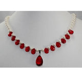 Pearl and Red Crystal Pendant Necklace