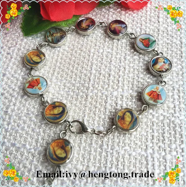 Wholesale Metal Round Beads Catholic Bracelet with Double Side Epoxy Saint Icons