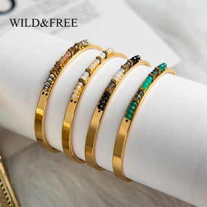 Wild & Crystal Beads Bangles Stainless Steel Open Cuff Bangle Bracelets