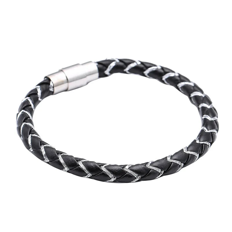 Stainless Steel Leather Bracelet Men Women Gift