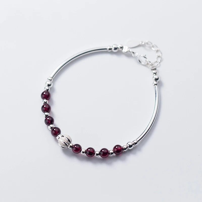Natural Garnet Beads 925 Silver Bracelet for Girls