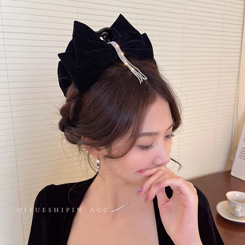 Winter Flannelette Bow Fringe Hair Claws Rhinestone Hair Accessory