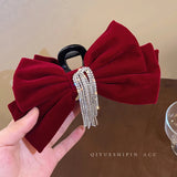 Winter Flannelette Bow Fringe Hair Claws Rhinestone Hair Accessory
