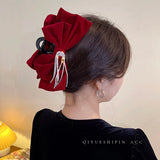 Winter Flannelette Bow Fringe Hair Claws Rhinestone Hair Accessory