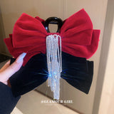 Winter Flannelette Bow Fringe Hair Claws Rhinestone Hair Accessory
