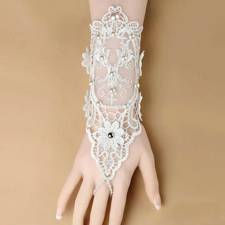 Winter Wedding Bride Bracelet Faux Pearl Lace Wristband Bridal Hand Jewelry