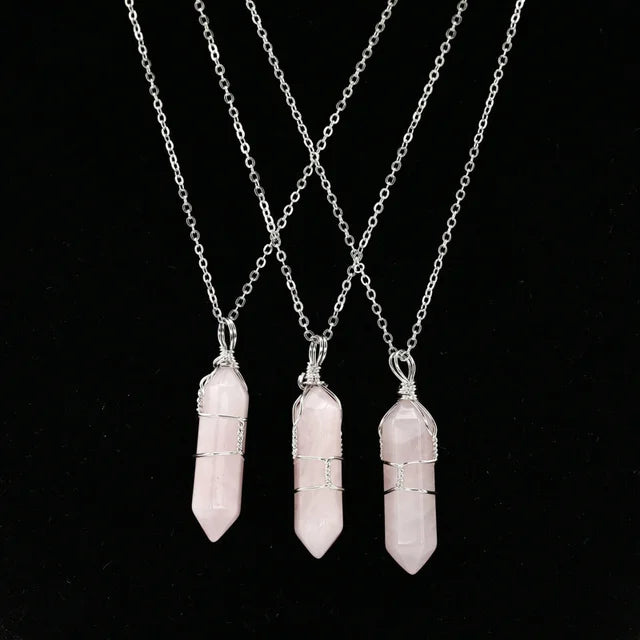 Rose Quartz Hexagonal Prism Necklace Jewelry Gift 2pcs