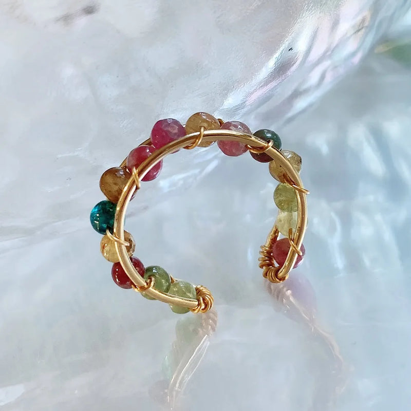 Tourmalines Crystal Rings for Women Small Beads Quartz Stone Open Ring