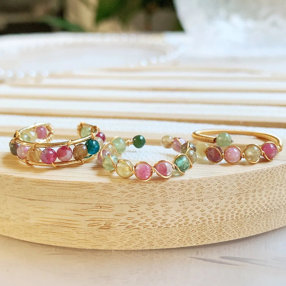 Tourmalines Crystal Rings for Women Small Beads Quartz Stone Open Ring