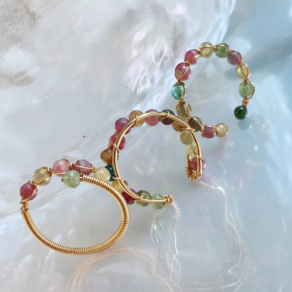 Tourmalines Crystal Rings for Women Small Beads Quartz Stone Open Ring