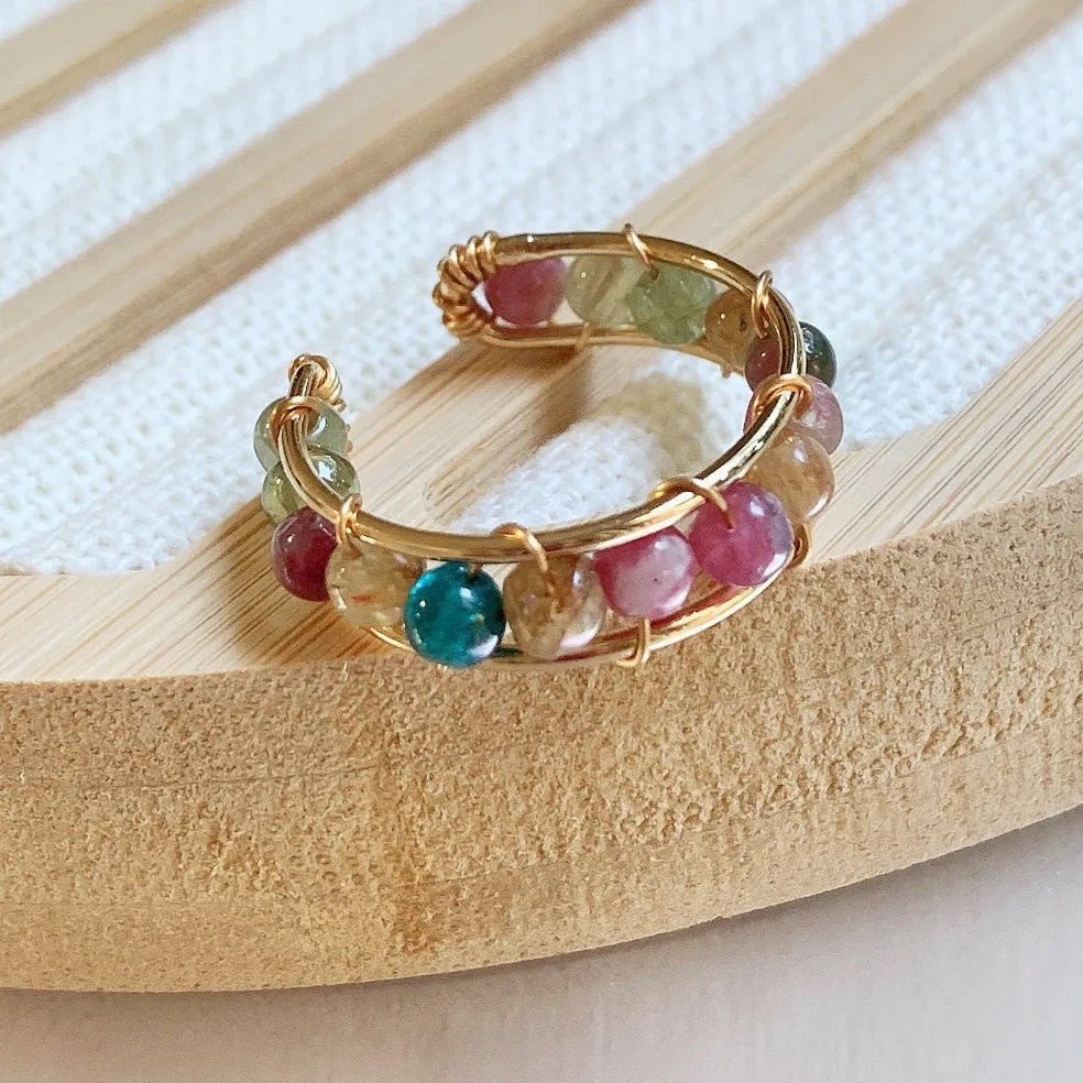 Tourmalines Crystal Rings for Women Small Beads Quartz Stone Open Ring
