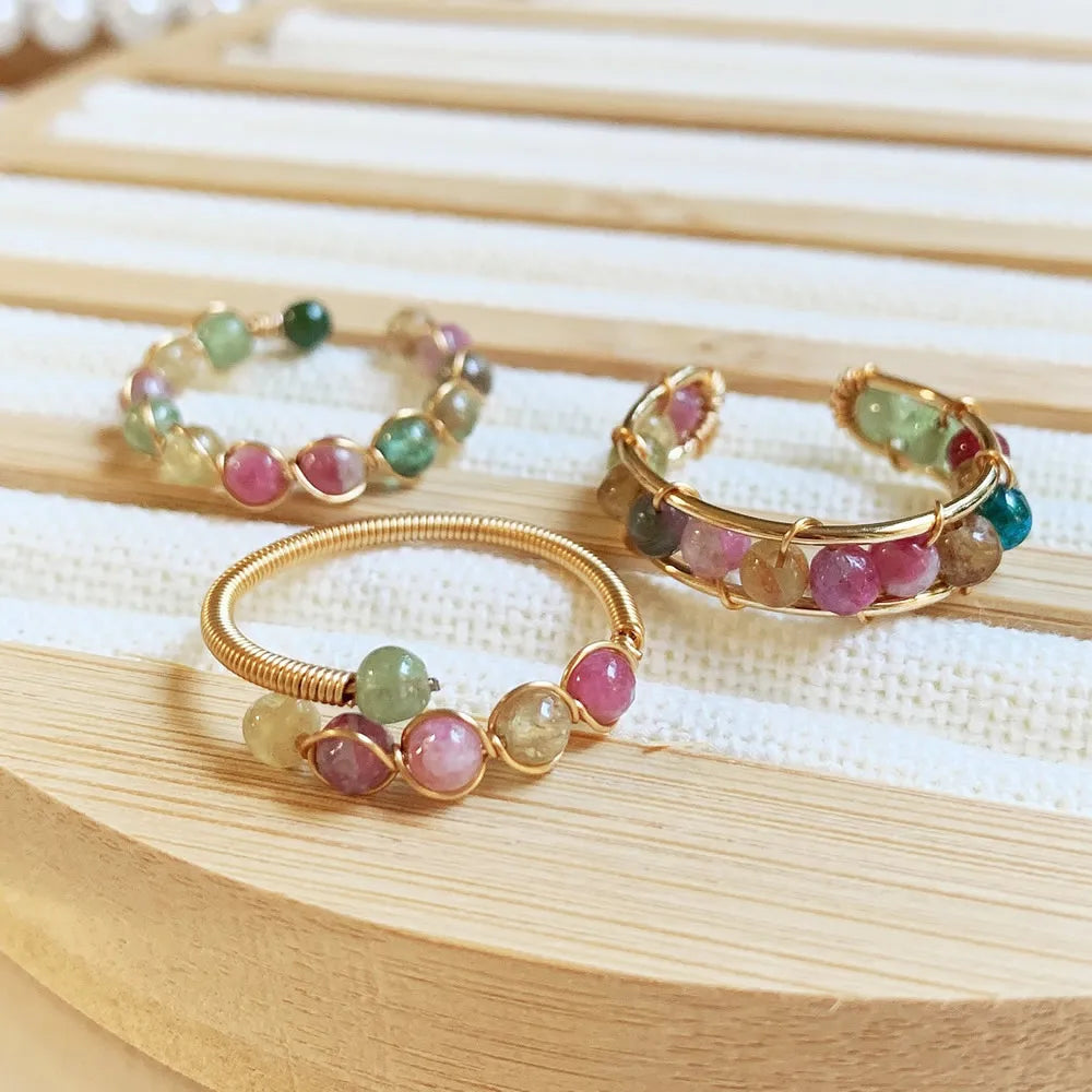 Tourmalines Crystal Rings for Women Small Beads Quartz Stone Open Ring