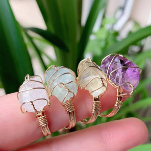 Wire Wrapped Crystal Ring Purple Quartz Resizable Healing Amethysts Fluo