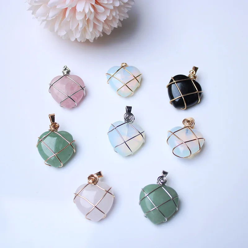 Wire Wrapped Heart Charms Pink Quartz Amethyst Pendants