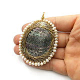Wire Wrap Abalone Shell Pendant with Plated Natural Sea Shell Round Shape