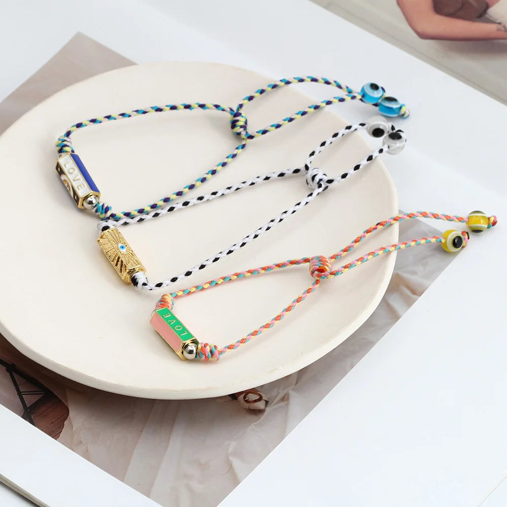 Enamel Pendant Bracelet Lucky Eye Charm Adjustable Cord Chain