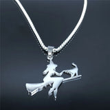 Witch Broom Cat Stainless Steel Necklace for Women
