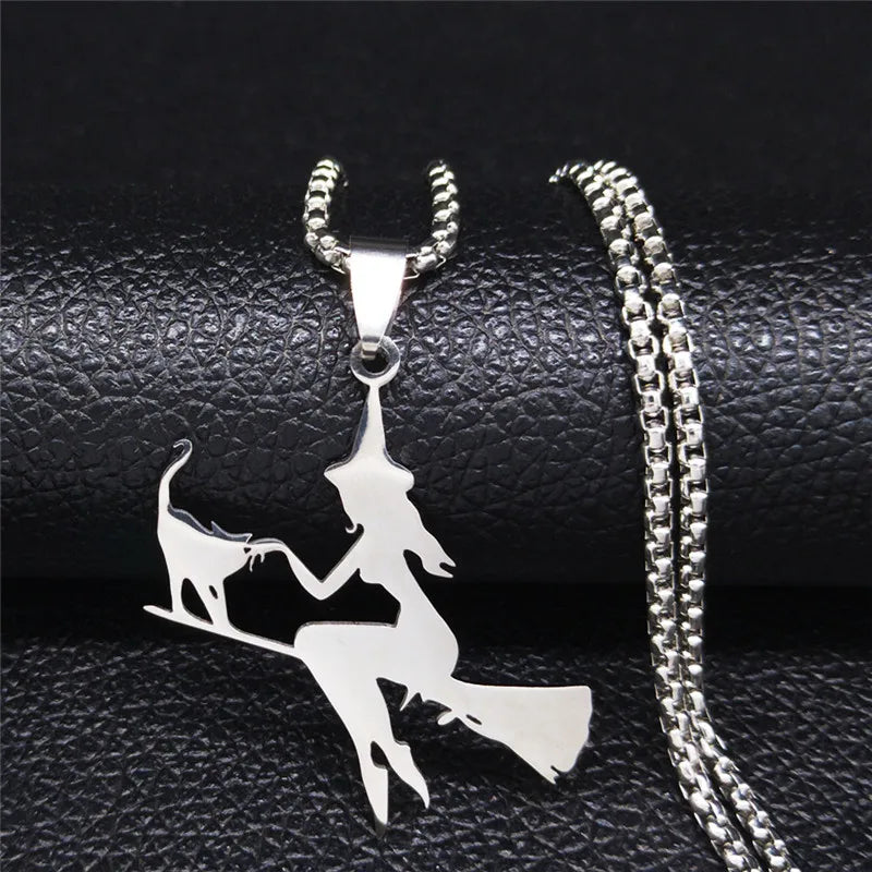 Witch Broom Cat Stainless Steel Necklace for Women