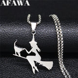 Witch Broom Cat Stainless Steel Necklace for Women