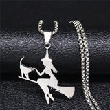 Witch Broom Cat Stainless Steel Necklace for Women